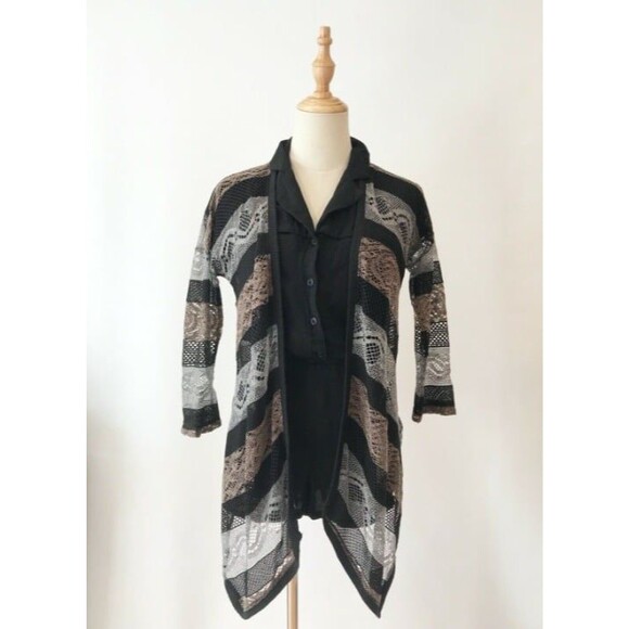 Sparkle & Fade Open Weave Cardigan Silver Black Open Front Medium Stripes - Picture 2 of 7